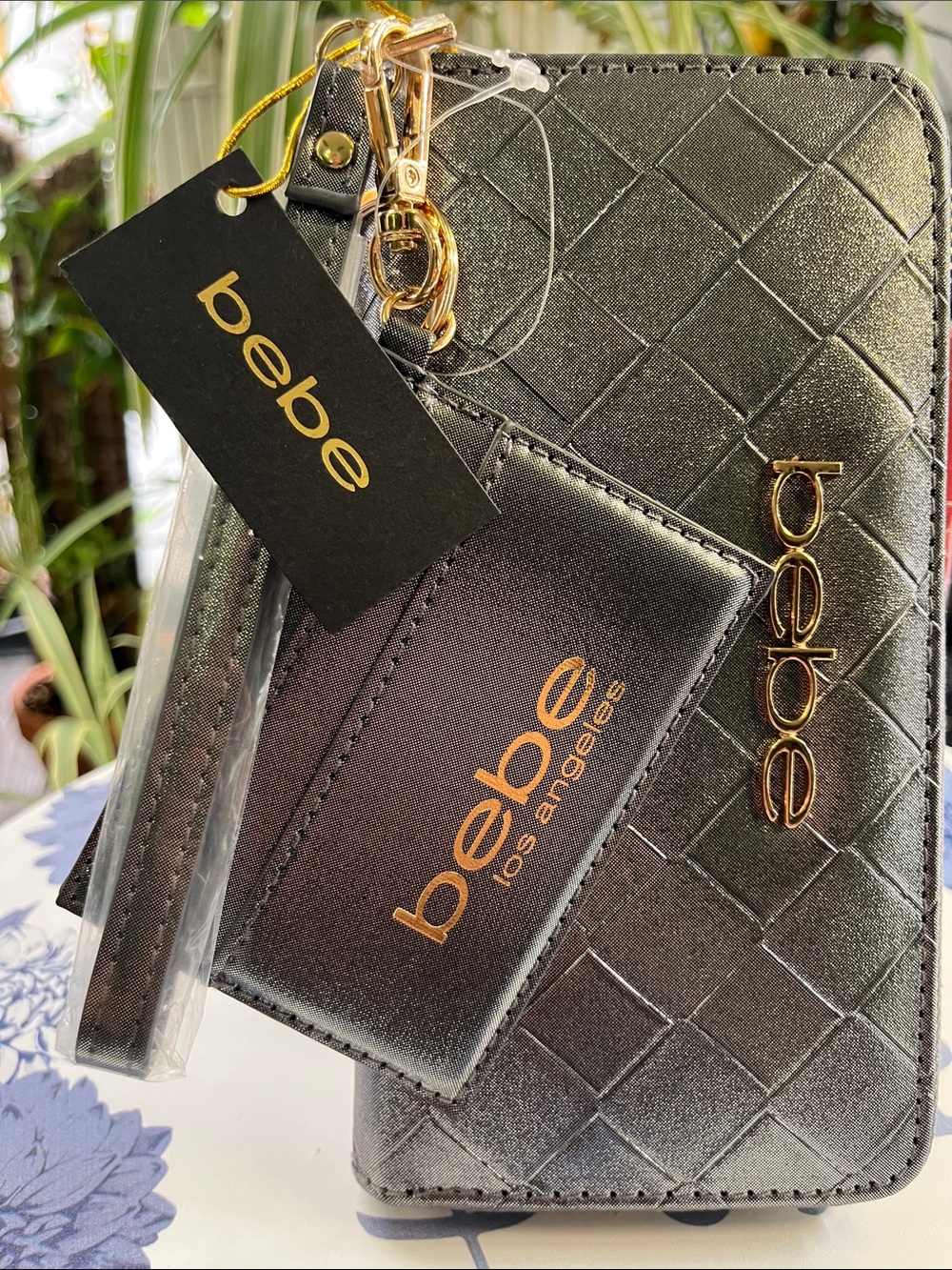 bebe Metallic Silver Quilted Wristlet with Cardholder and Gold Hardware